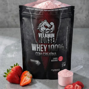 Whey 100% Com Creatina Vitamin Horse 1 KG (Refil) + Creatina 300 G + Pumonew 300 G = Coqueteleira + Strap Vitamin Horse