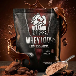 Whey 100% Com Creatina Vitamin Horse 1 KG (Refil) + Creatina 300 G + Pumonew 300 G = Coqueteleira + Strap Vitamin Horse