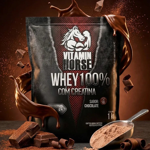 Whey 100% Com Creatina Vitamin Horse 1 KG (Refil) + Creatina 300 G + Pumonew 300 G = Coqueteleira + Strap Vitamin Horse