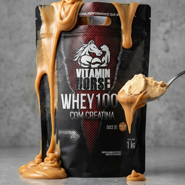 Whey 100% Com Creatina Vitamin Horse 1 KG (Refil) + Creatina 300 G + Pumonew 300 G = Coqueteleira + Strap Vitamin Horse