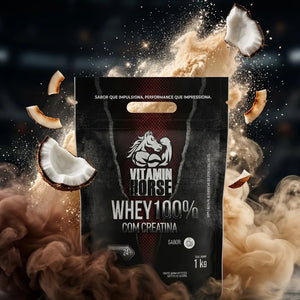 Whey 100% Com Creatina Vitamin Horse 1 KG (Refil) + Creatina 300 G + Pumonew 300 G = Coqueteleira + Strap Vitamin Horse