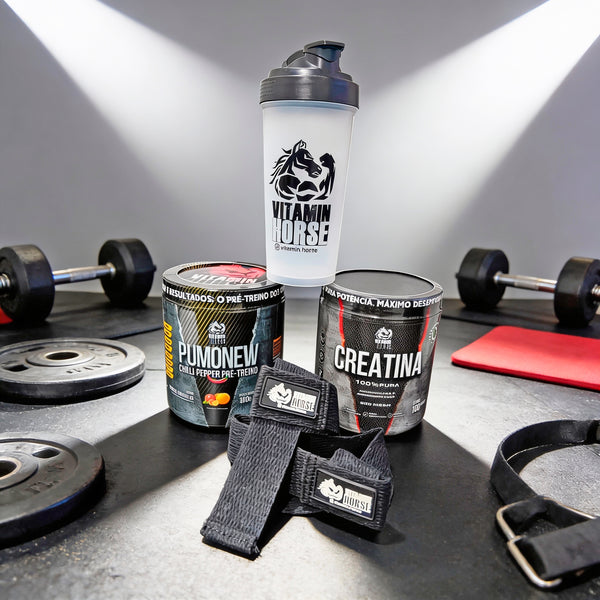 Creatina Vitamin Horse 300G + Pumonew 300G + Coqueteleira Vitamin Horse = Strap Vitamin Horse
