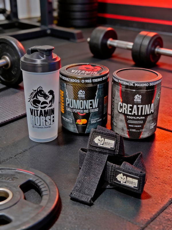 Creatina Vitamin Horse 300G + Pumonew 300G + Coqueteleira Vitamin Horse = Strap Vitamin Horse