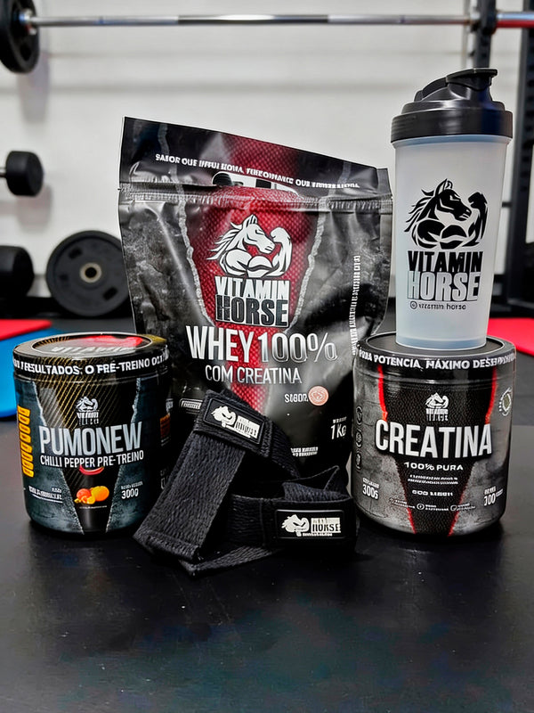 Whey 100% Com Creatina Vitamin Horse 1 KG (Refil) + Creatina 300 G + Pumonew 300 G = Coqueteleira + Strap Vitamin Horse