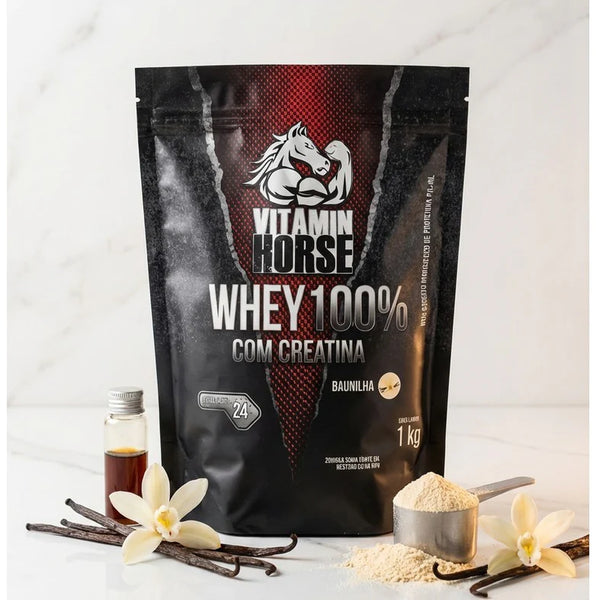 Whey 100% Com Creatina Vitamin Horse 1 KG (Refil) + Creatina 300 G + Pumonew 300 G = Coqueteleira + Strap Vitamin Horse