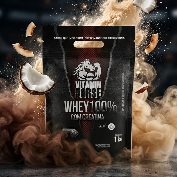 WHEY 100% C/ CREATINA 1 KG Sabores Variados - VITAMIN HORSE + Coqueteleira 600 ml