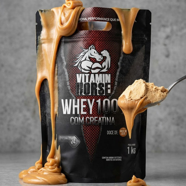 WHEY 100% C/ CREATINA 1 KG Sabores Variados - VITAMIN HORSE + Coqueteleira 600 ml