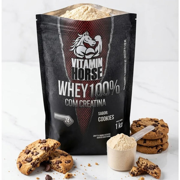 Whey 100% Com Creatina Vitamin Horse 1 KG (Refil) + Creatina 300 G + Pumonew 300 G = Coqueteleira + Strap Vitamin Horse