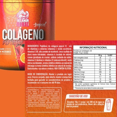 COLÁGENO PEPTIDEOS BIOATIVOS 300G LARANJA COM MORANGO - VITAMIN HORSE