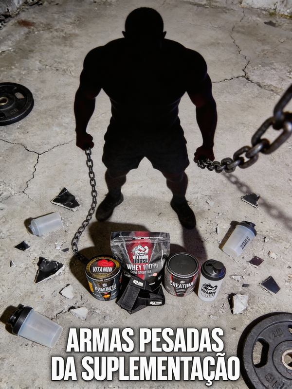 Whey 100% Com Creatina Vitamin Horse 1 KG (Refil) + Creatina 300 G + Pumonew 300 G = Coqueteleira + Strap Vitamin Horse