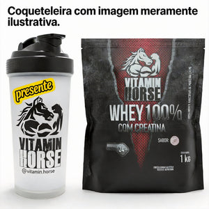 WHEY 100% C/ CREATINA 1 KG Sabores Variados - VITAMIN HORSE + Coqueteleira 600 ml